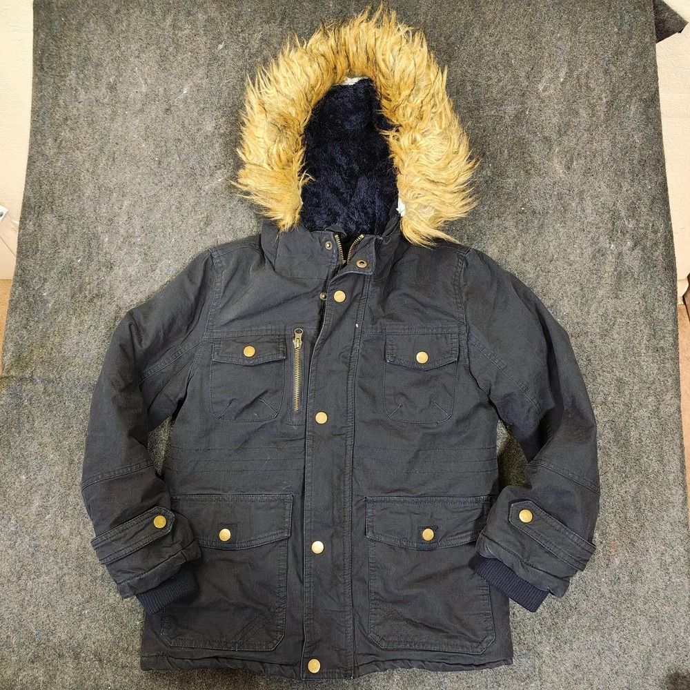 Navy Blue Parka Jacket Kids Size 8 Faux Fur Hood Fleece Lined Gold Buttons